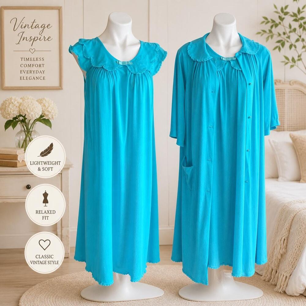 Shadowline Peignoir Set Vintage 1970s Turquoise Nylon Gown/Robe Lace Satin Sz M
